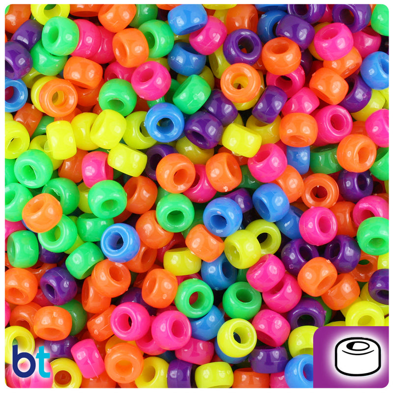 BeadTin Neon Bright Mix 6.5mm Mini Barrel Plastic Pony Beads (1000pcs)