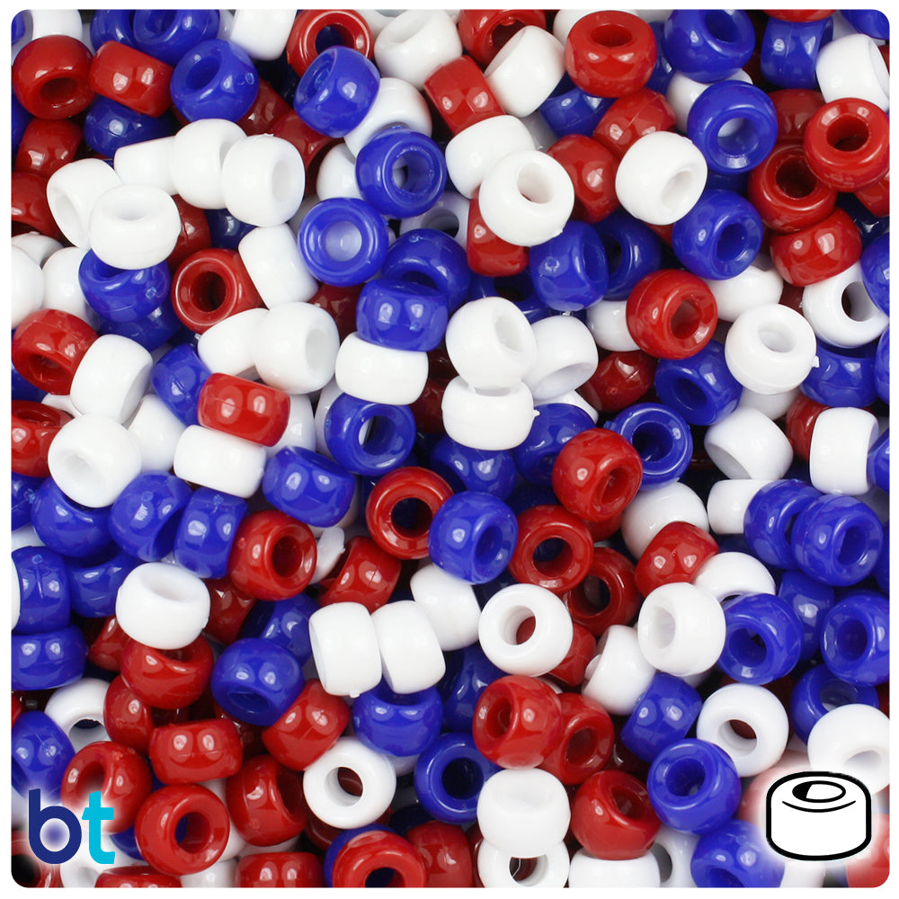 BeadTin Patriotic Opaque Mix 6.5mm Mini Barrel Plastic Pony Beads (1000pcs)