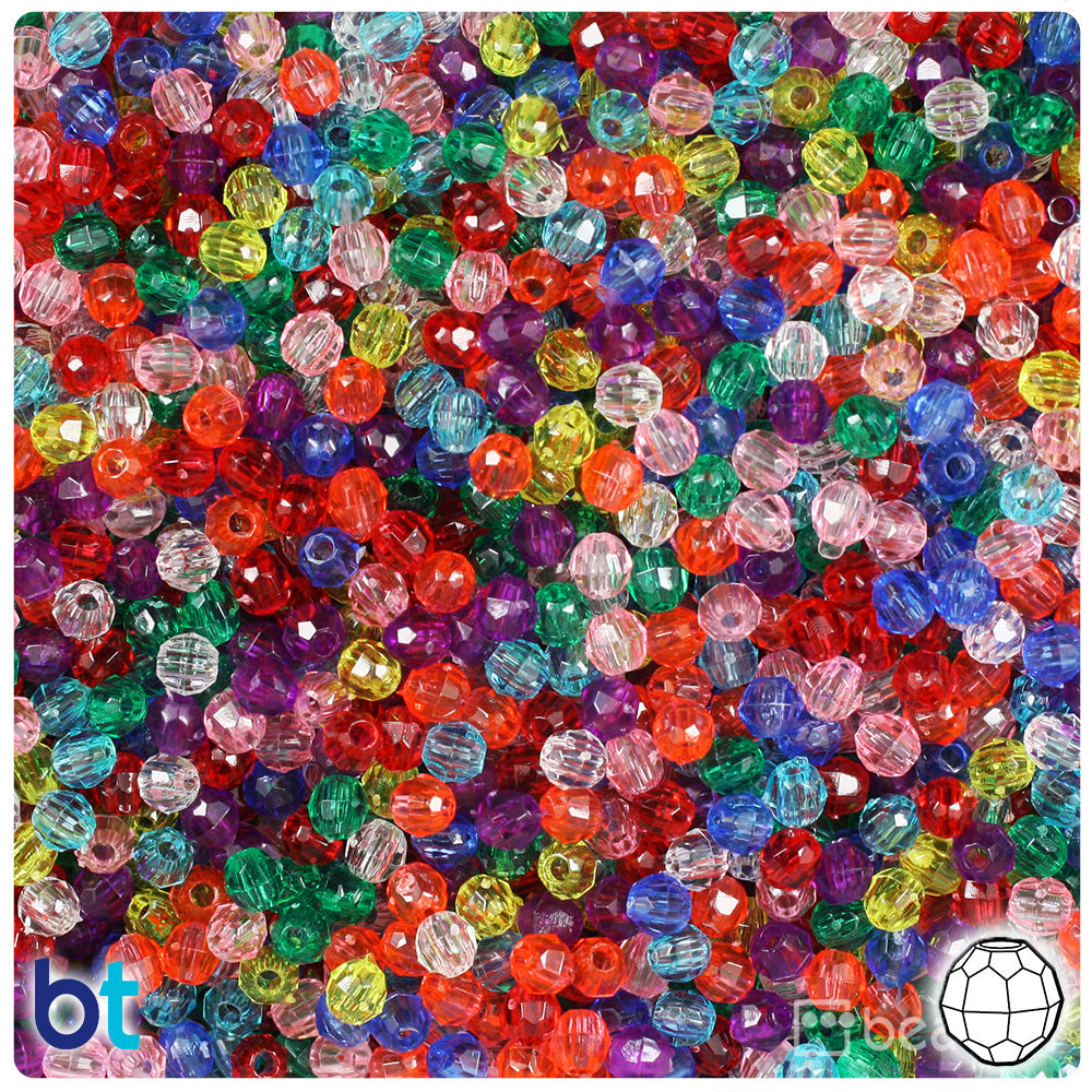 BeadTin Transparent Mix 4mm Faceted Round Plastic Craft Beads (1350pcs)