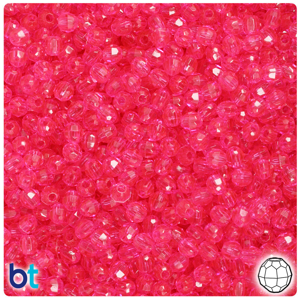BeadTin Hot Pink Transparent 4mm Faceted Round Plastic Craft Beads (1350pcs)