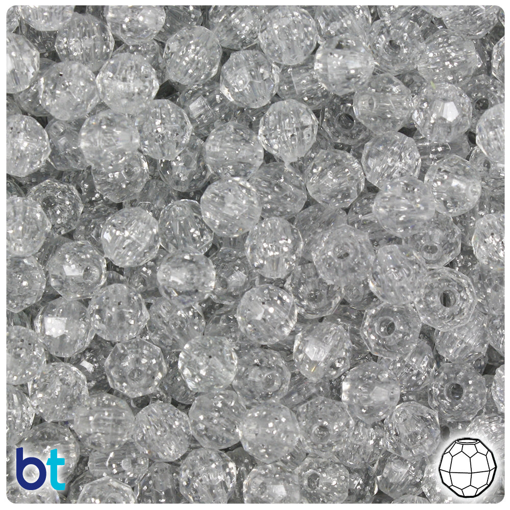 BeadTin Silver Sparkle 6mm Faceted Round Plastic Craft Beads (600pcs)
