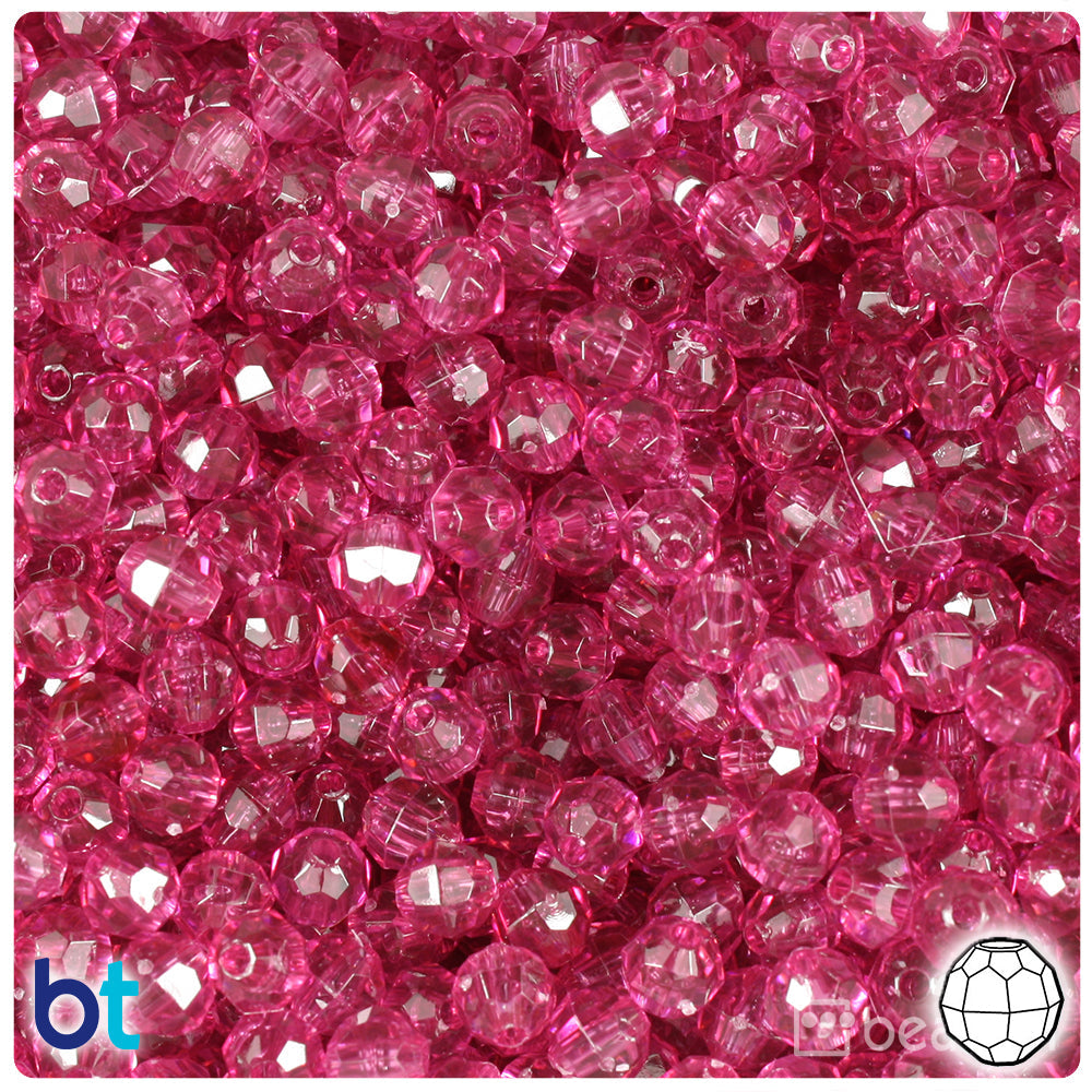 BeadTin Fuchsia Transparent 6mm Faceted Round Plastic Craft Beads (600pcs)
