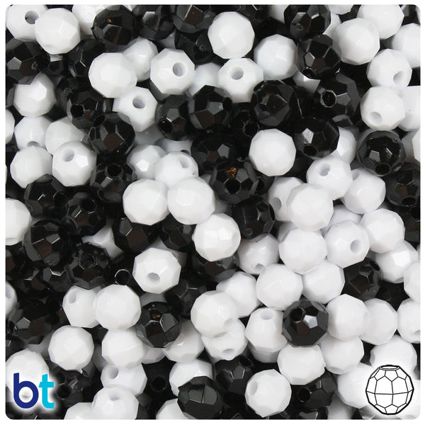 BeadTin Black & White Opaque 6mm Faceted Round Plastic Craft Beads (600pcs)