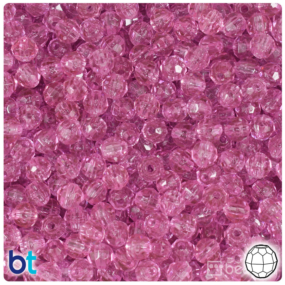 BeadTin Light Fuchsia Transparent 6mm Faceted Round Plastic Craft Beads (600pcs)