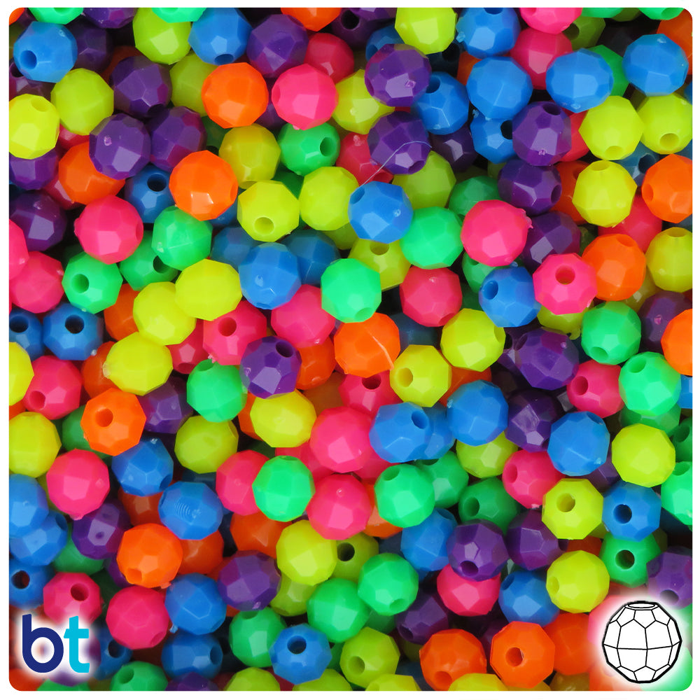 BeadTin Neon Bright Mix 6mm Faceted Round Plastic Craft Beads (600pcs)