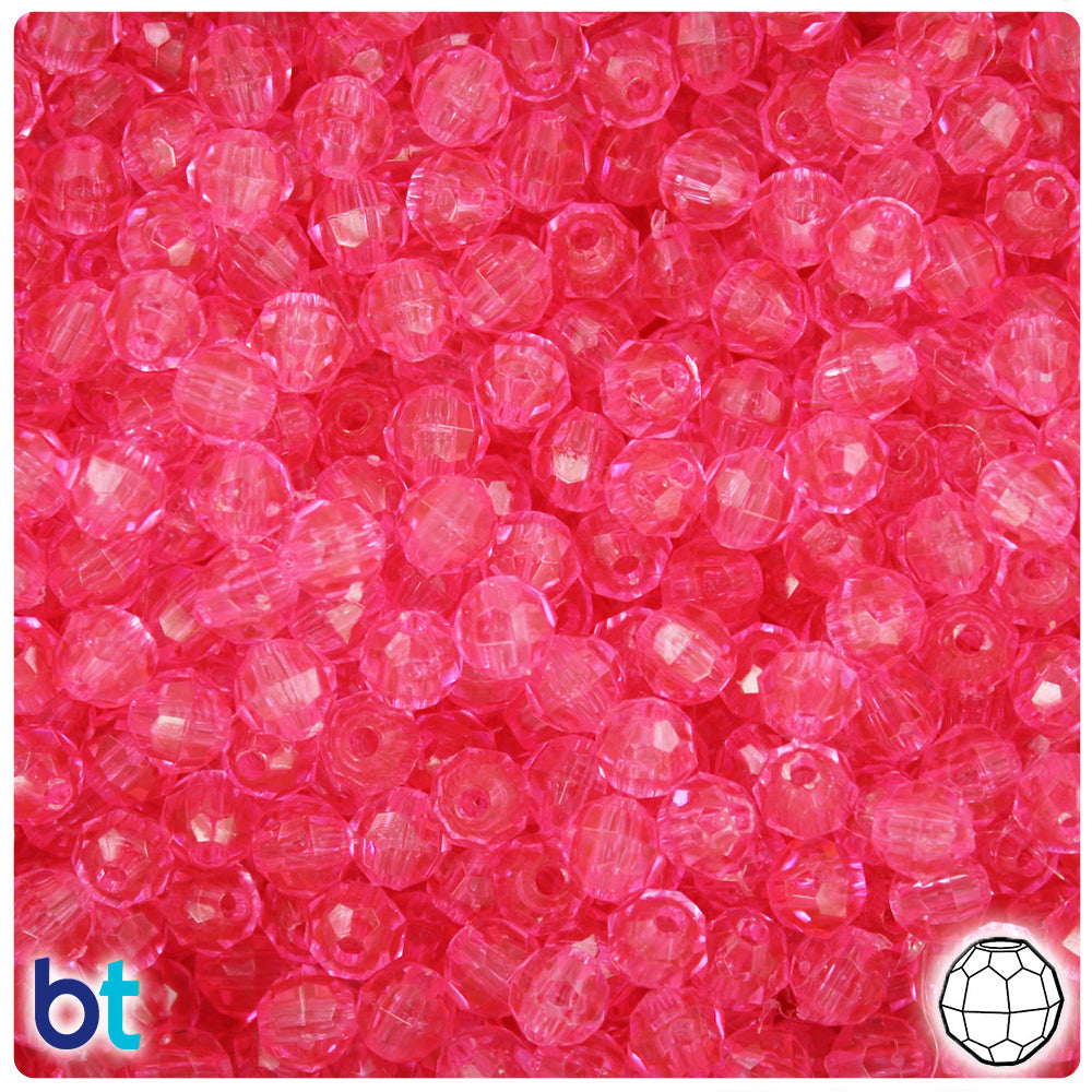 BeadTin Medium Pink Transparent 6mm Faceted Round Plastic Craft Beads (600pcs)