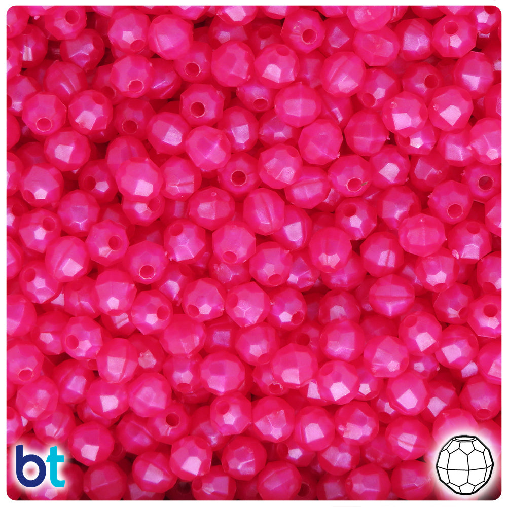 BeadTin Hot Pink Pearl 6mm Faceted Round Plastic Craft Beads (600pcs)