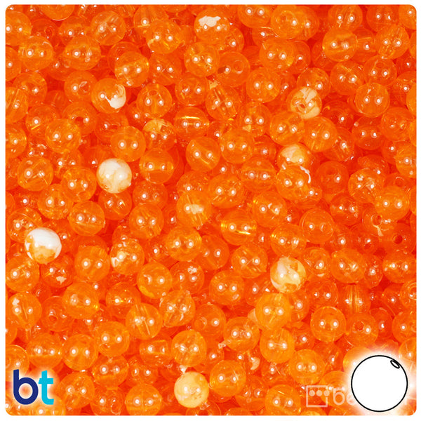 BeadTin Orange Transparent w/White Swirls 6mm Round Plastic Craft Beads (500pcs)