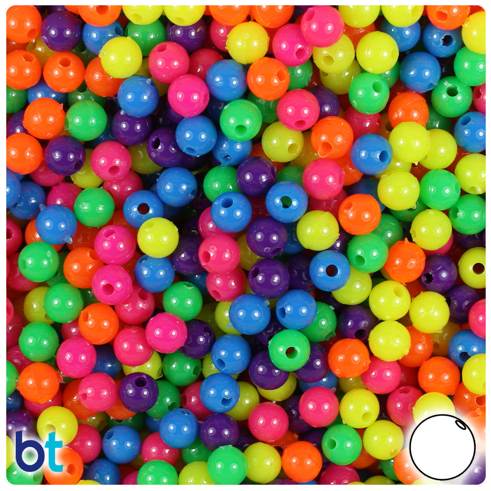 BeadTin Neon Bright Mix 6mm Round Plastic Craft Beads (500pcs)