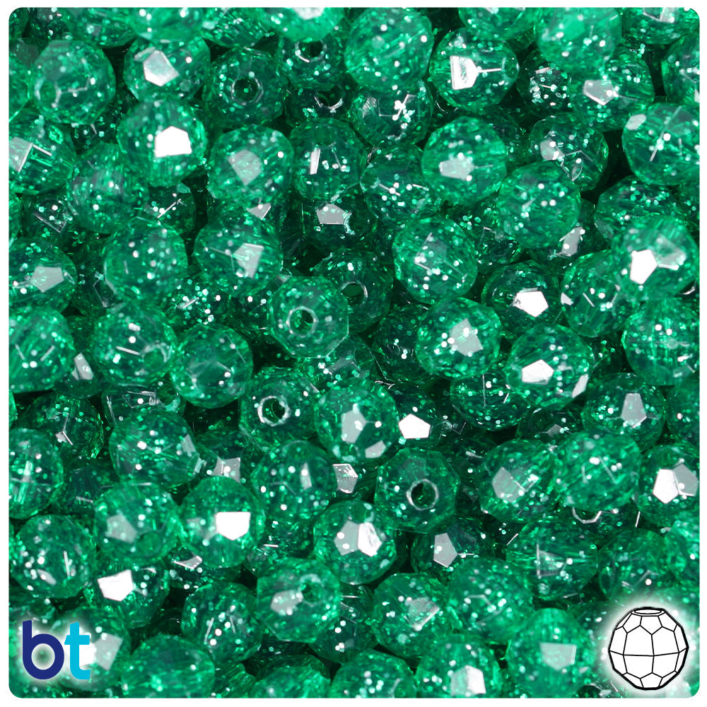 BeadTin Emerald Sparkle 8mm Faceted Round Plastic Craft Beads (450pcs)