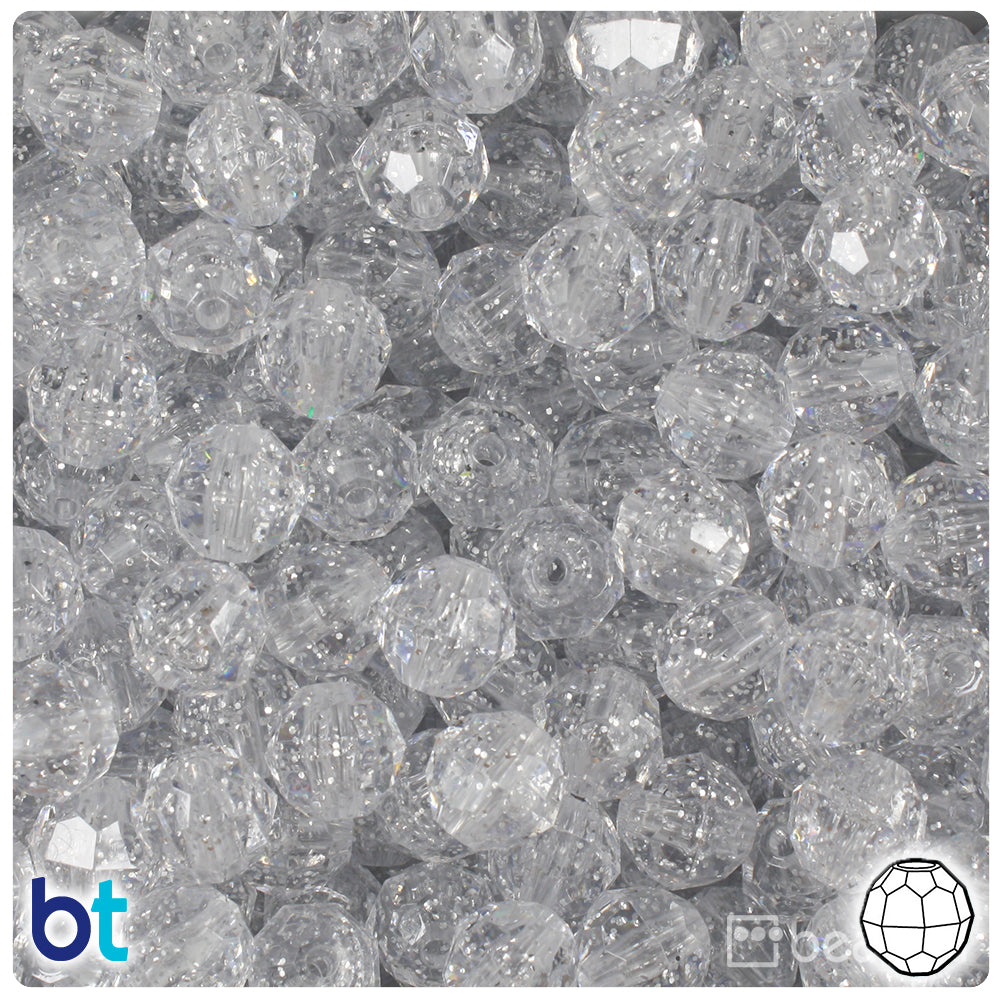 BeadTin Silver Sparkle 10mm Faceted Round Plastic Craft Beads (225pcs)