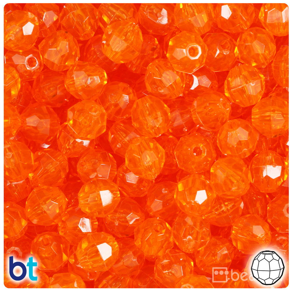 BeadTin Orange Transparent 10mm Faceted Round Plastic Craft Beads (225pcs)