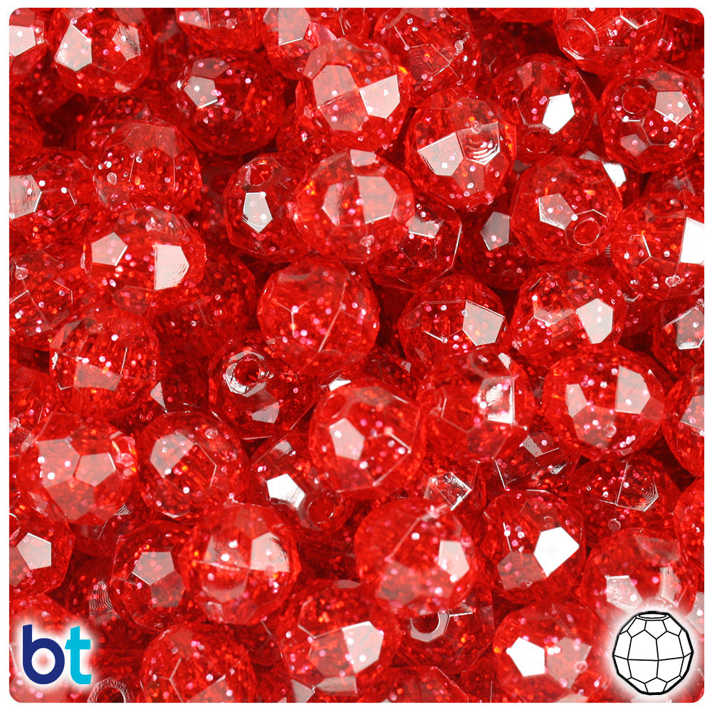 BeadTin Ruby Sparkle 10mm Faceted Round Plastic Craft Beads (225pcs)