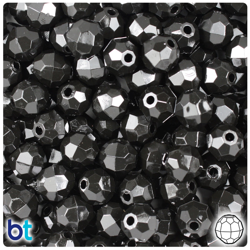 BeadTin Black Opaque 10mm Faceted Round Plastic Craft Beads (225pcs)