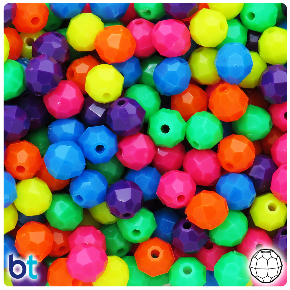 BeadTin Neon Bright Mix 10mm Faceted Round Plastic Craft Beads (225pcs)