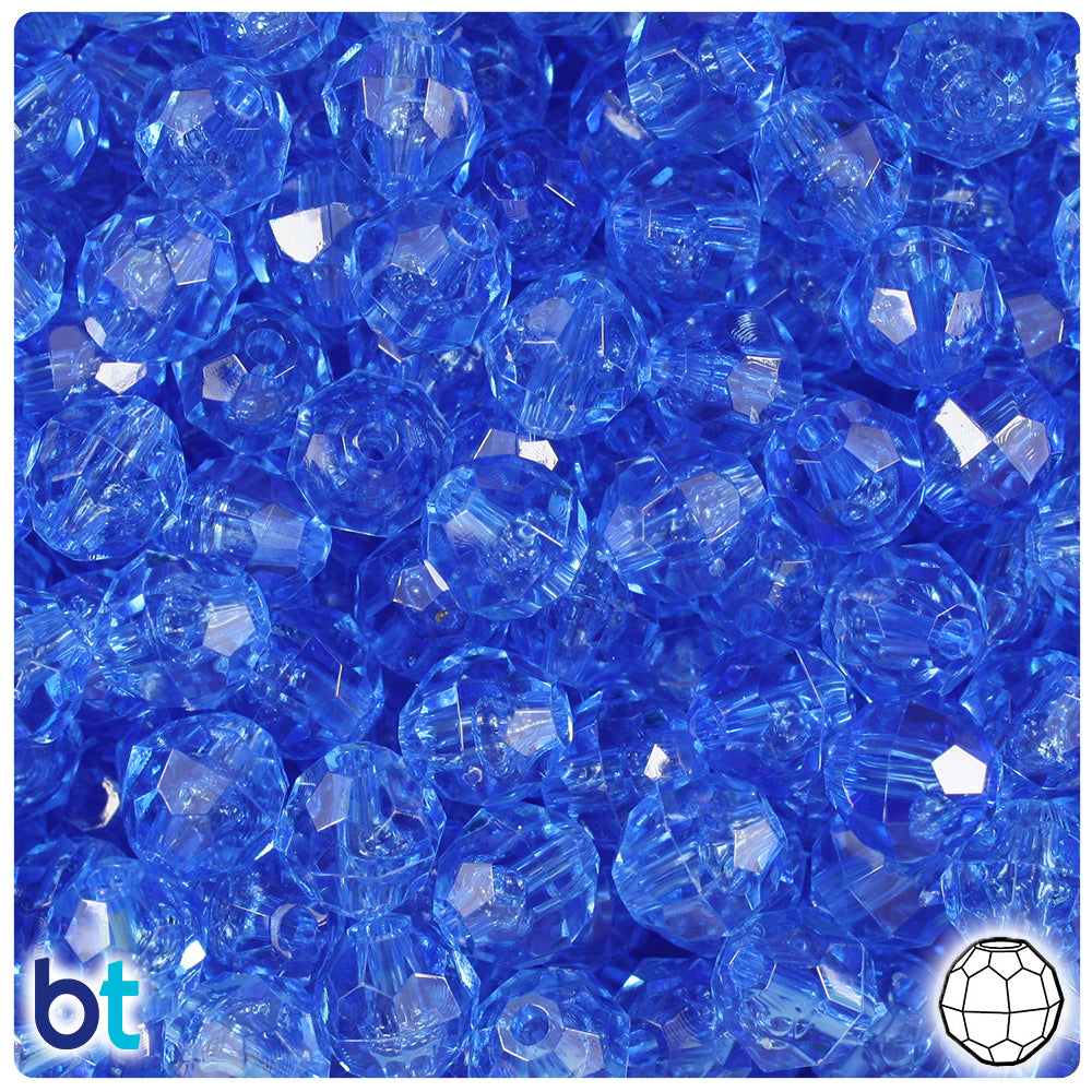 BeadTin Medium Sapphire Transparent 10mm Faceted Round Plastic Craft Beads (225pcs)