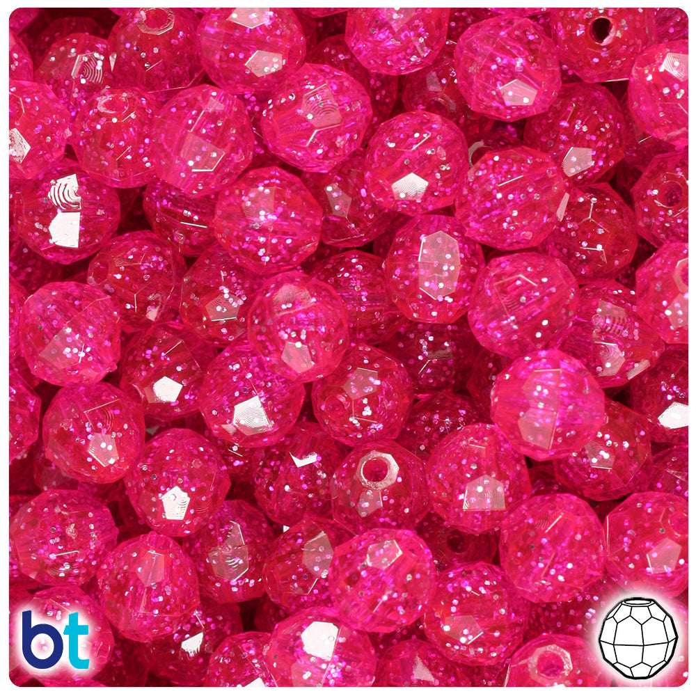 BeadTin Bright Pink Sparkle 10mm Faceted Round Plastic Craft Beads (225pcs)