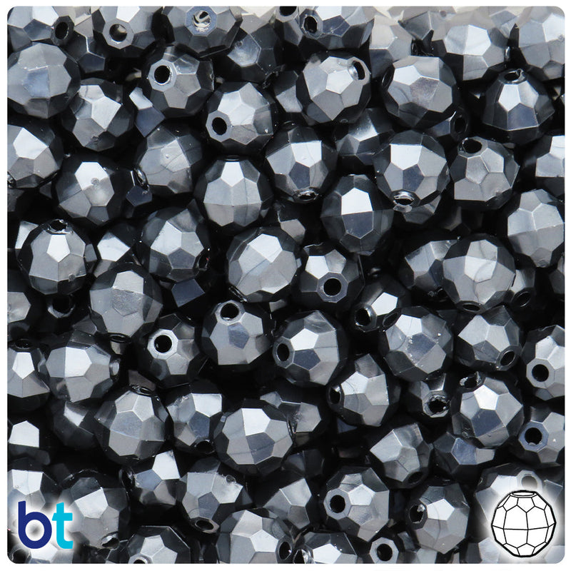 BeadTin Black Pearl 10mm Faceted Round Plastic Craft Beads (225pcs)