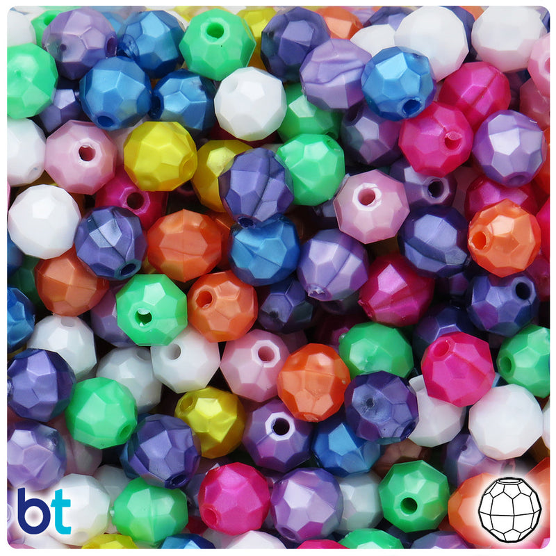 BeadTin Pearl Mix 10mm Faceted Round Plastic Craft Beads (225pcs)