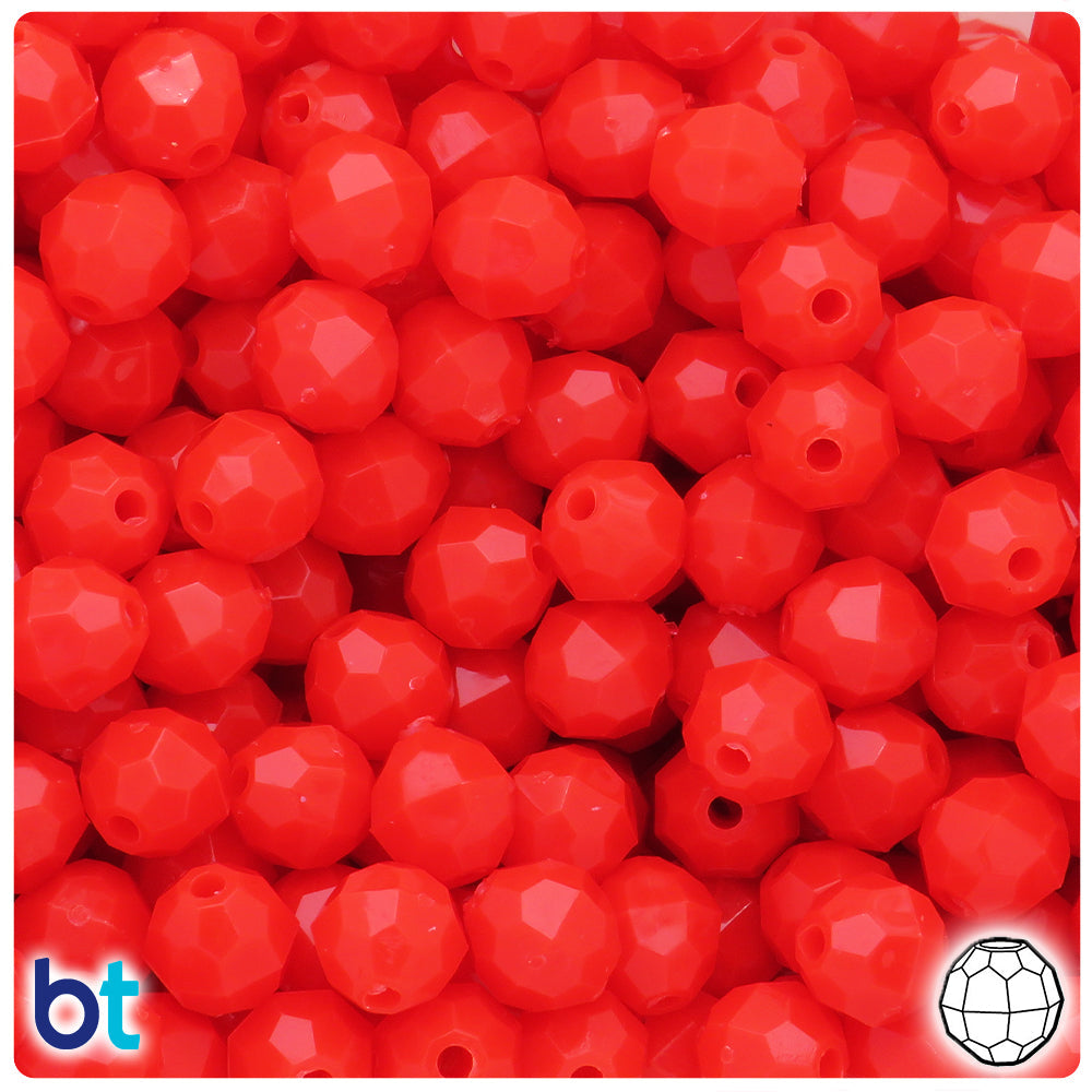 BeadTin Bright Red Opaque 10mm Faceted Round Plastic Craft Beads (225pcs)