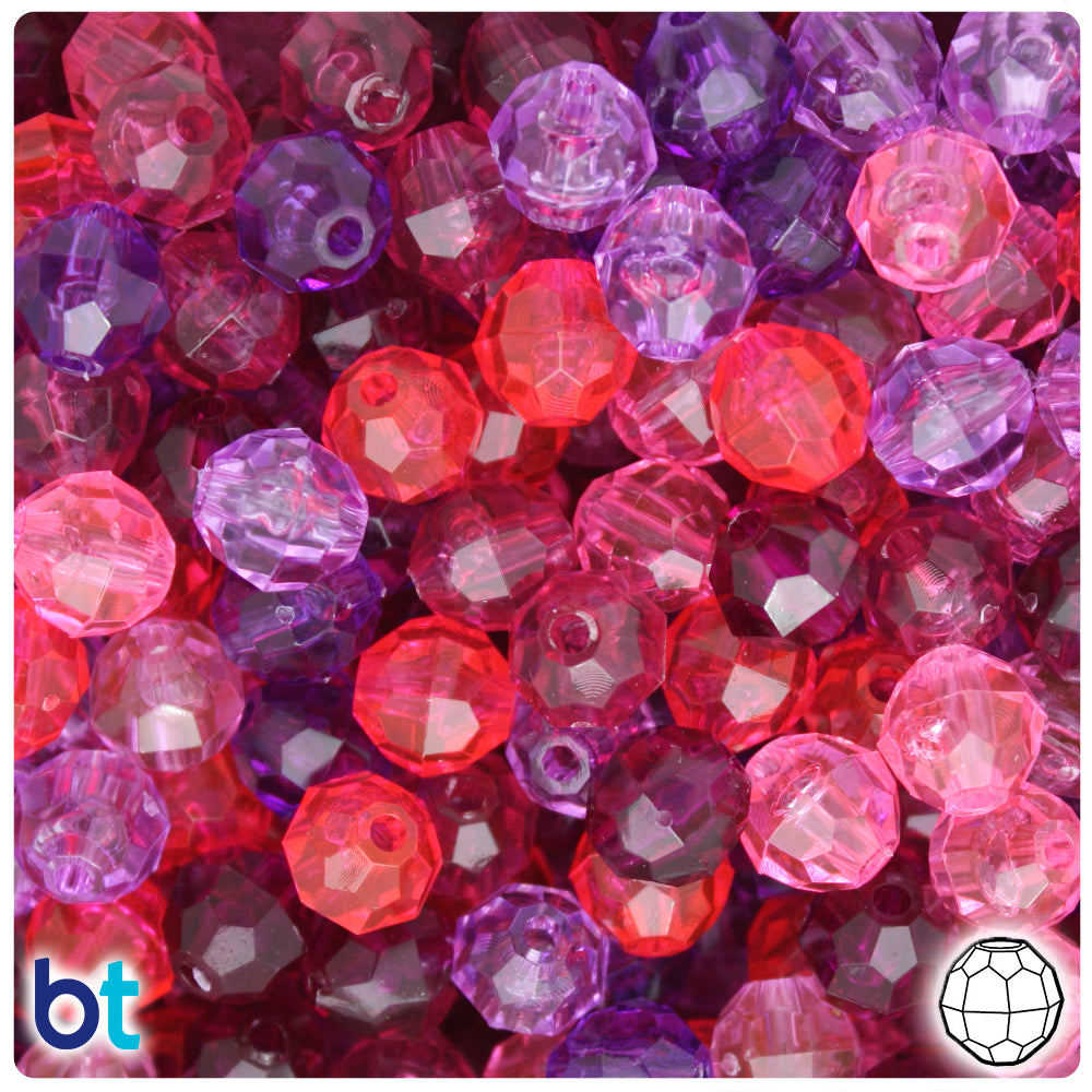 BeadTin Pink & Purple Transparent Mix 10mm Faceted Round Plastic Craft Beads (225pcs)