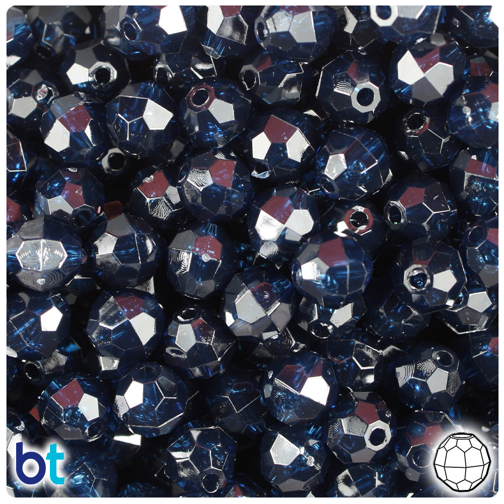 BeadTin Montana Blue Transparent 10mm Faceted Round Plastic Craft Beads (225pcs)