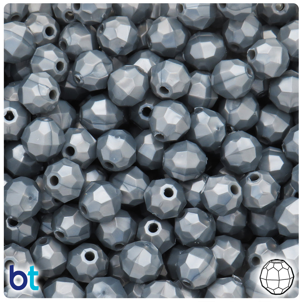 BeadTin Grey Pearl 10mm Faceted Round Plastic Craft Beads (225pcs)