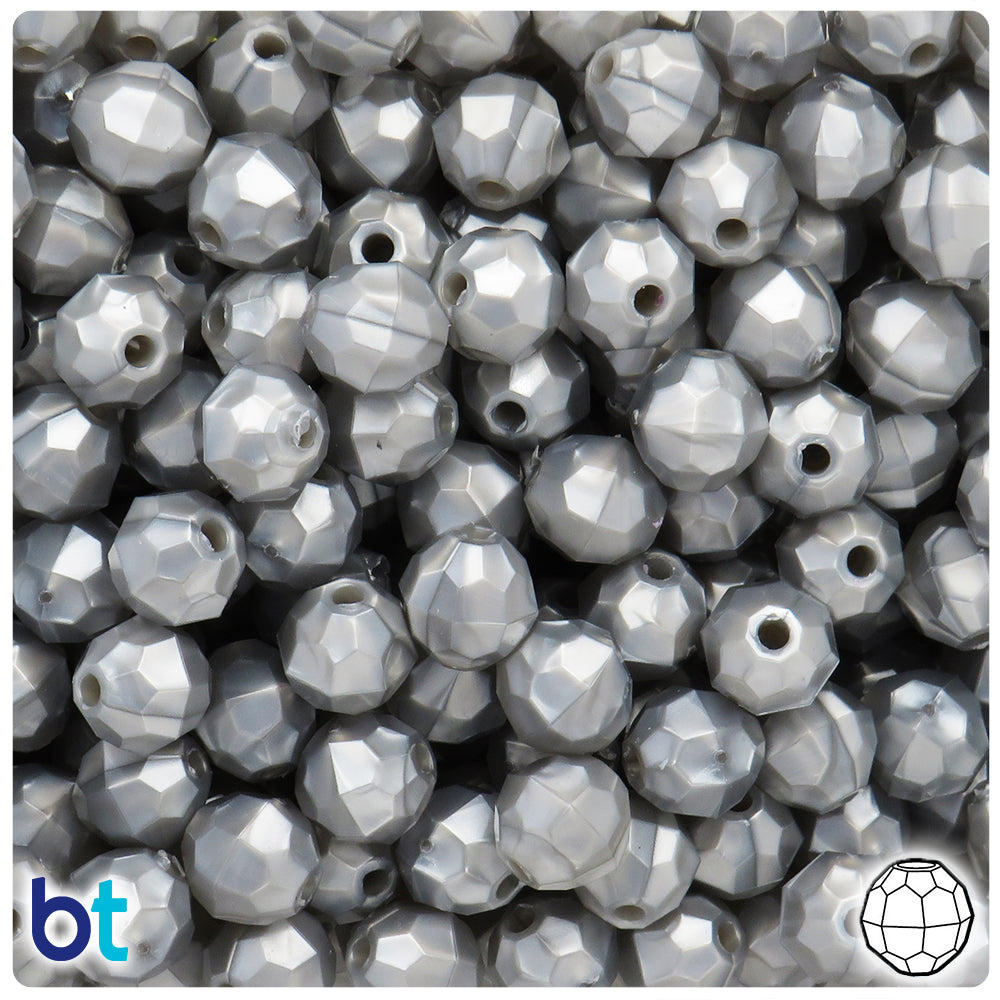 BeadTin Medium Silver Pearl 10mm Faceted Round Plastic Craft Beads (225pcs)