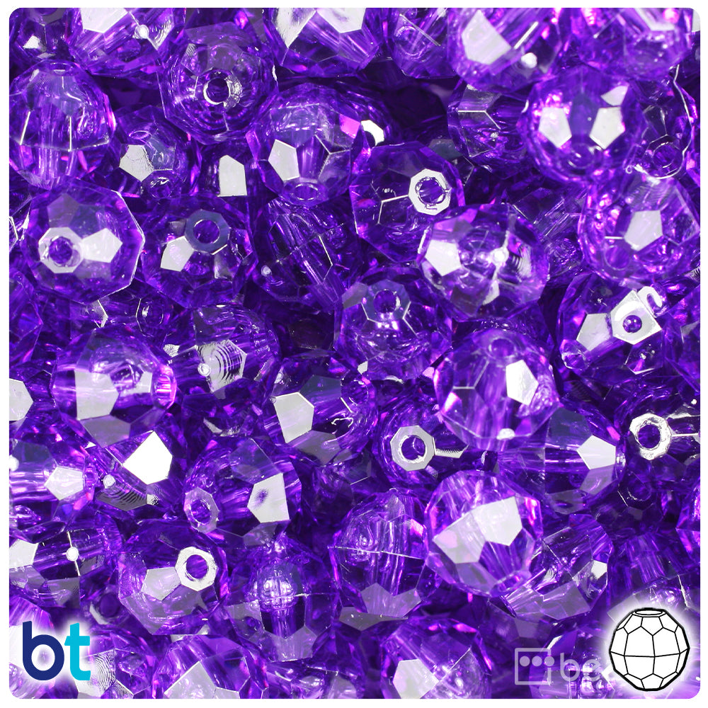 BeadTin Amethyst Transparent 12mm Faceted Round Plastic Craft Beads (180pcs)