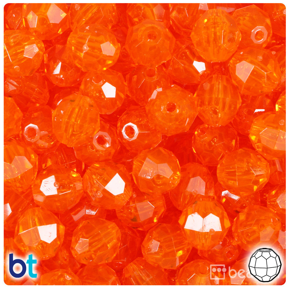 BeadTin Orange Transparent 12mm Faceted Round Plastic Craft Beads (180pcs)