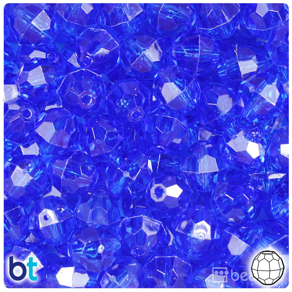 BeadTin Dark Sapphire Transparent 12mm Faceted Round Plastic Craft Beads (180pcs)
