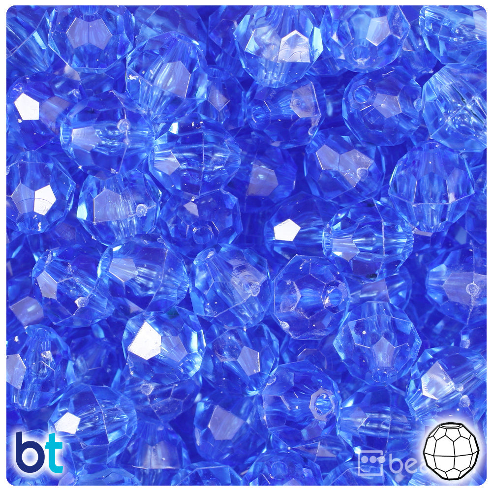 BeadTin Medium Sapphire Transparent 12mm Faceted Round Plastic Craft Beads (180pcs)