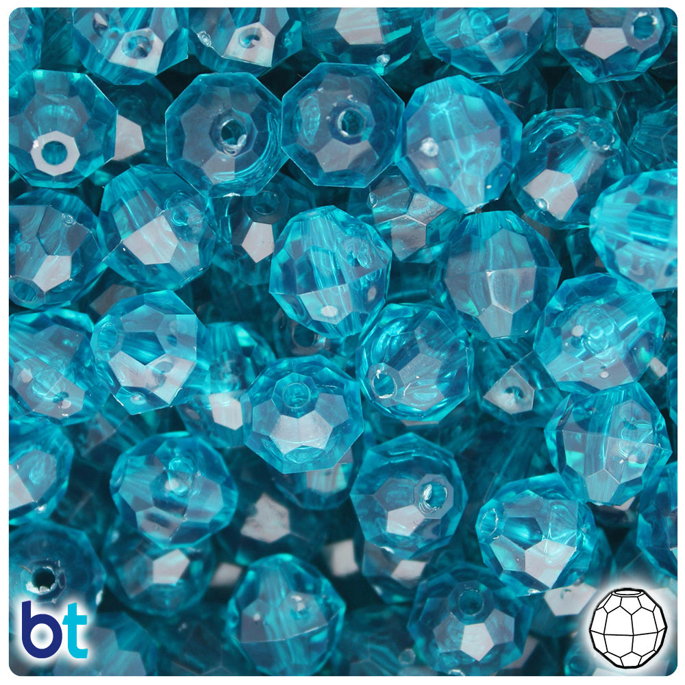 BeadTin Teal Transparent 12mm Faceted Round Plastic Craft Beads (180pcs)