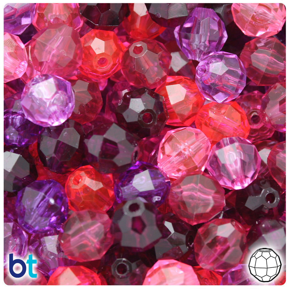 BeadTin Pink & Purple Mix Transparent 12mm Faceted Round Plastic Craft Beads (180pcs)