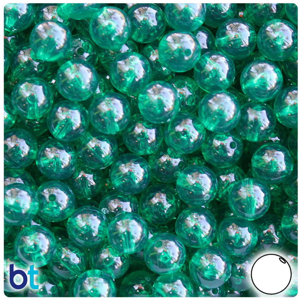 BeadTin Emerald Transparent 10mm Round Plastic Craft Beads (150pcs)
