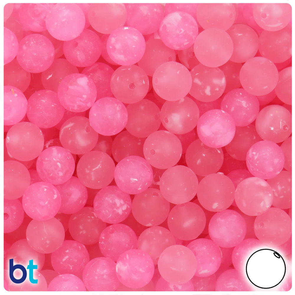 BeadTin Pink Frosted w/White Swirls 10mm Round Plastic Craft Beads (150pcs)