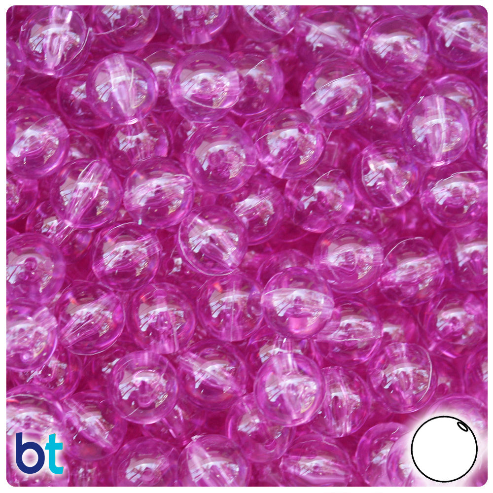 BeadTin Light Fuchsia Transparent 10mm Round Plastic Craft Beads (150pcs)
