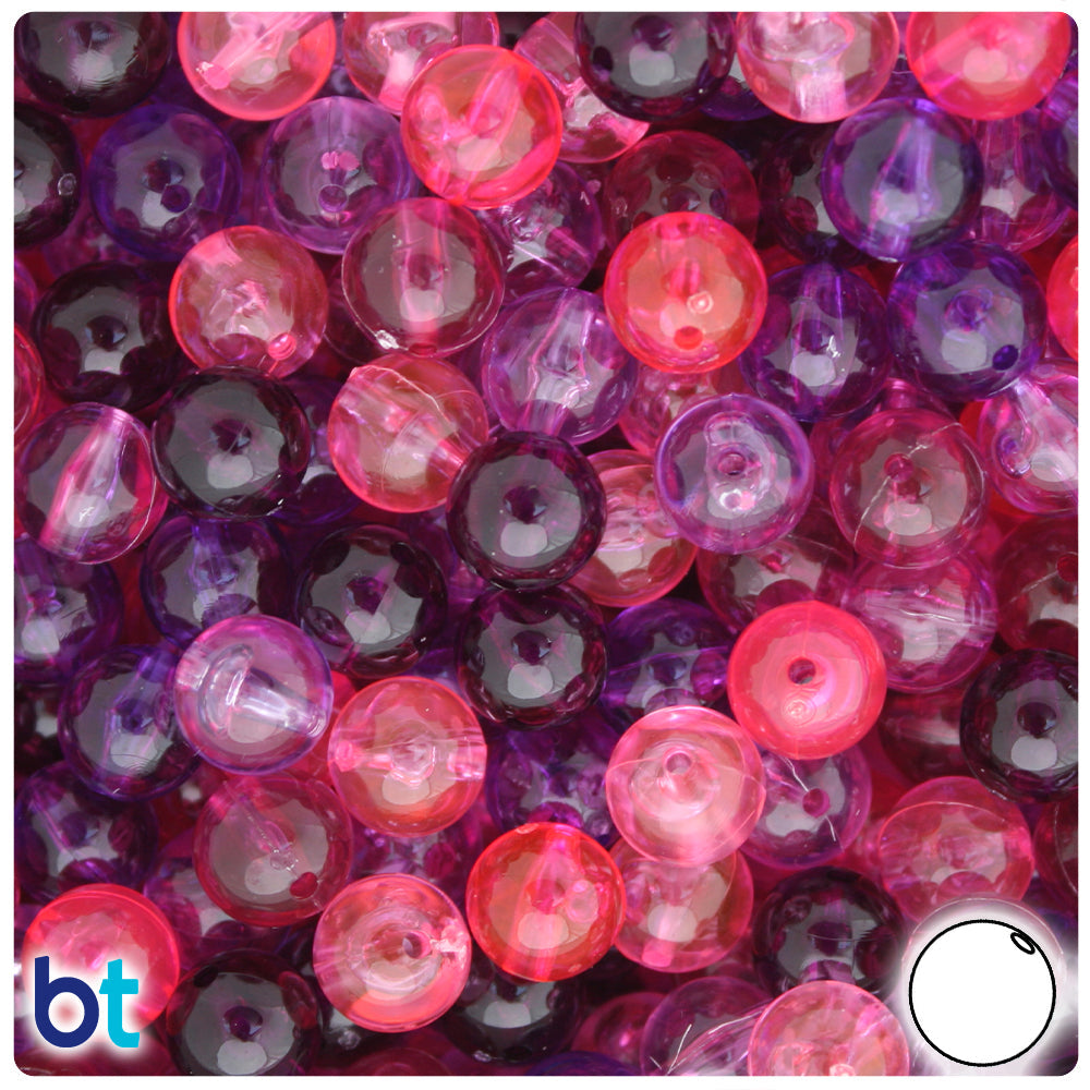 BeadTin Pink & Purple Mix Transparent 10mm Round Plastic Craft Beads (150pcs)