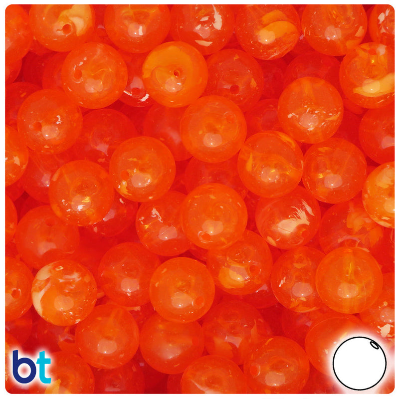 BeadTin Orange Transparent w/White Swirls 12mm Round Plastic Craft Beads (60pcs)