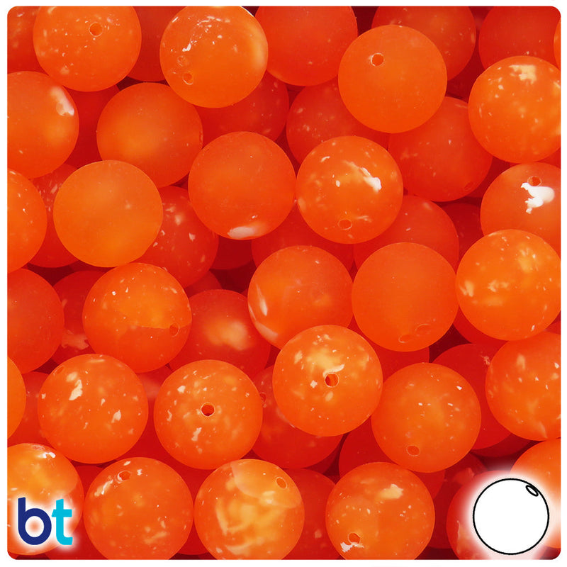 BeadTin Orange Frosted w/White Swirls 14mm Round Plastic Craft Beads (36pcs)