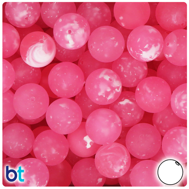 BeadTin Pink Frosted w/White Swirls 14mm Round Plastic Craft Beads (36pcs)