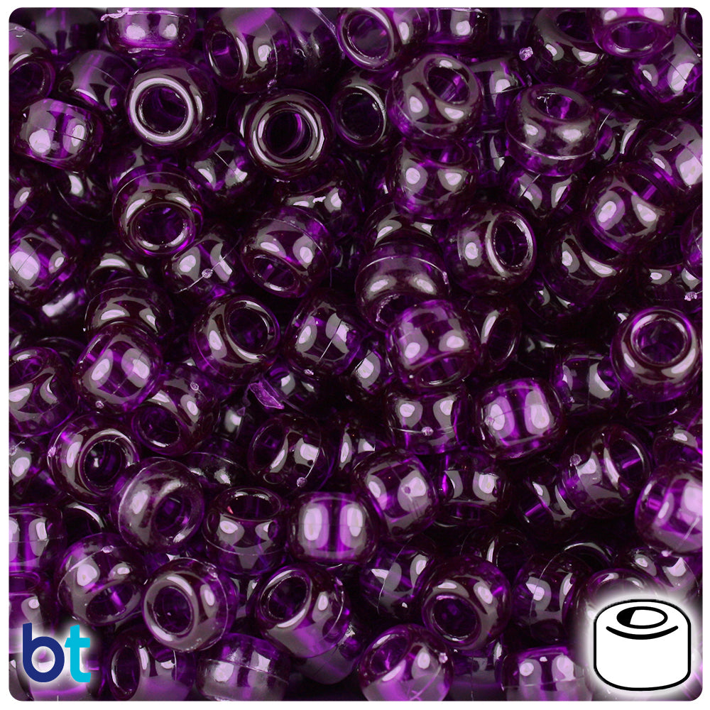 BeadTin Dark Amethyst Transparent 9mm Barrel Plastic Pony Beads (500pcs)
