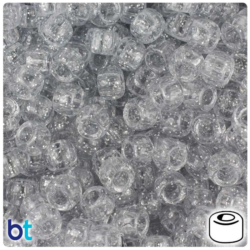 BeadTin Silver Sparkle 9mm Barrel Plastic Pony Beads (500pcs)