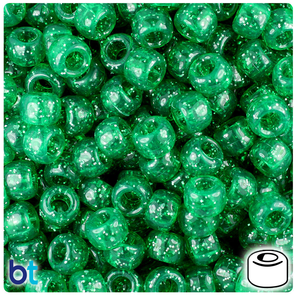 BeadTin Emerald Sparkle 9mm Barrel Plastic Pony Beads (500pcs)