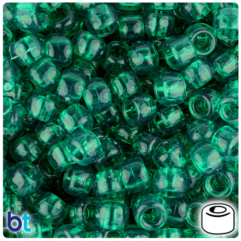 BeadTin Emerald Transparent 9mm Barrel Plastic Pony Beads (500pcs)