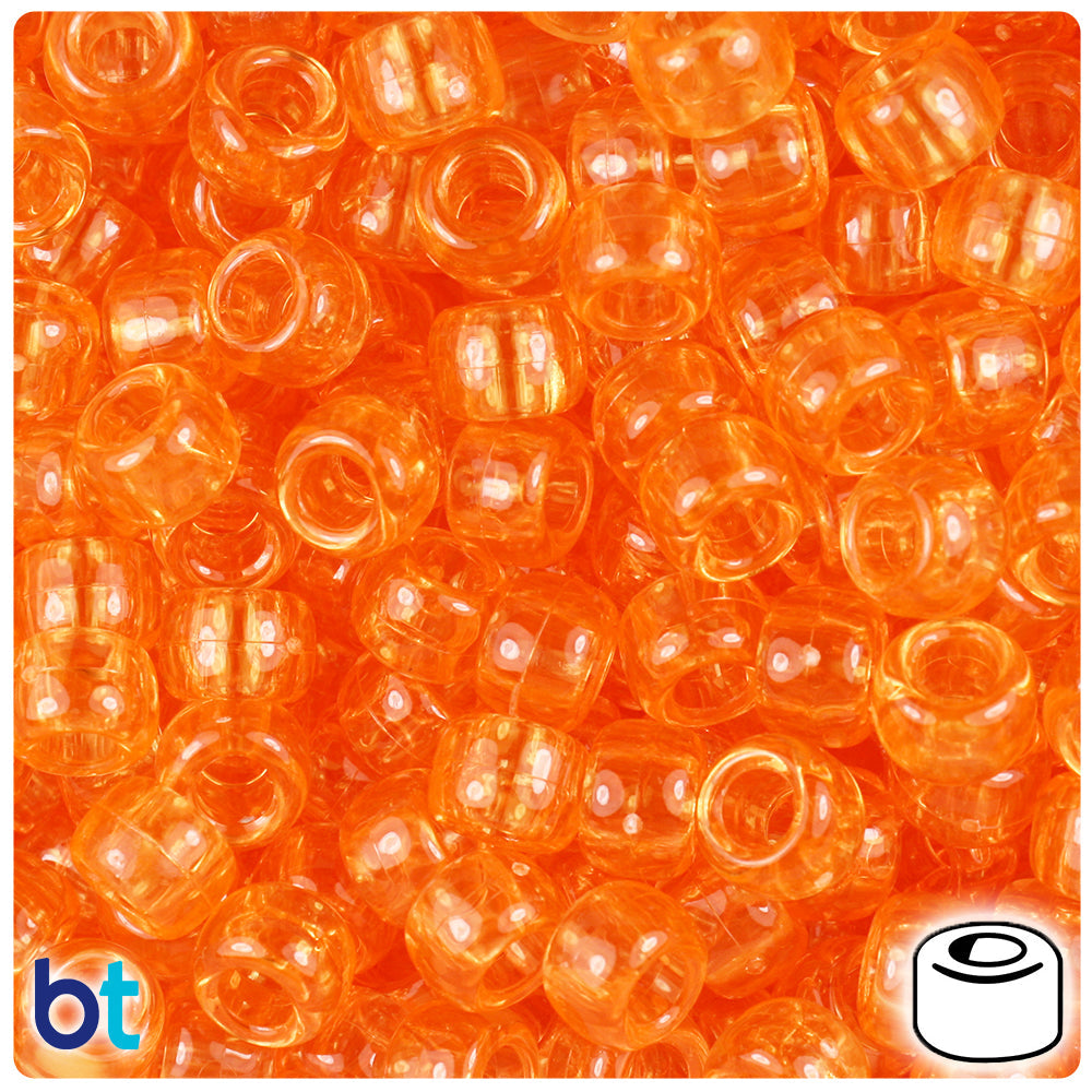 BeadTin Orange Transparent 9mm Barrel Plastic Pony Beads (500pcs)