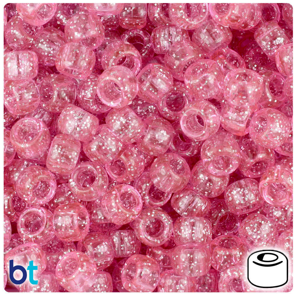 BeadTin Pink Sparkle 9mm Barrel Plastic Pony Beads (500pcs)