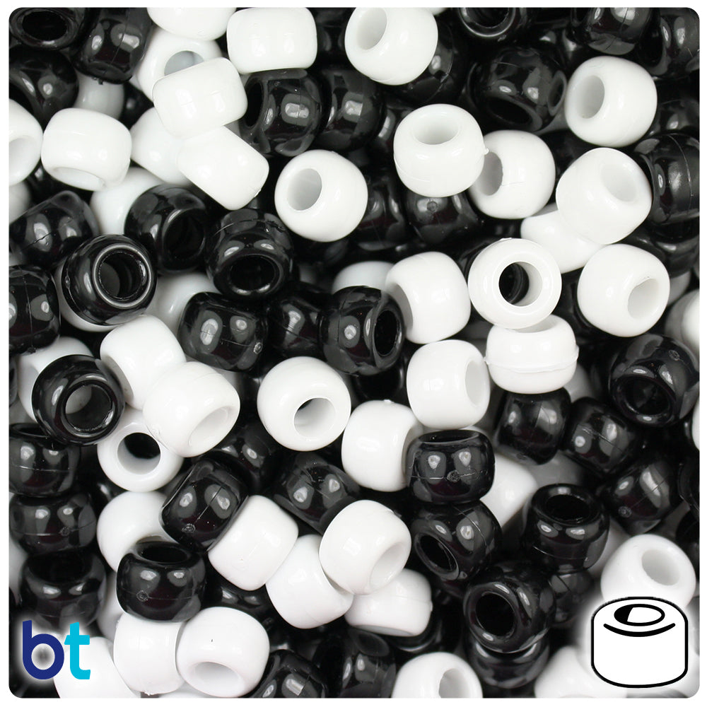 BeadTin Black & White Opaque 9mm Barrel Plastic Pony Beads (500pcs)