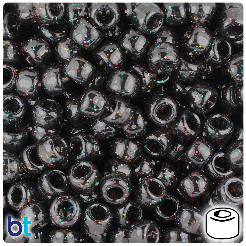 BeadTin Jet Rainbow Sparkle 9mm Barrel Plastic Pony Beads (500pcs)