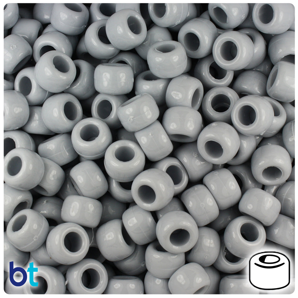 BeadTin Grey Opaque 9mm Barrel Plastic Pony Beads (500pcs)